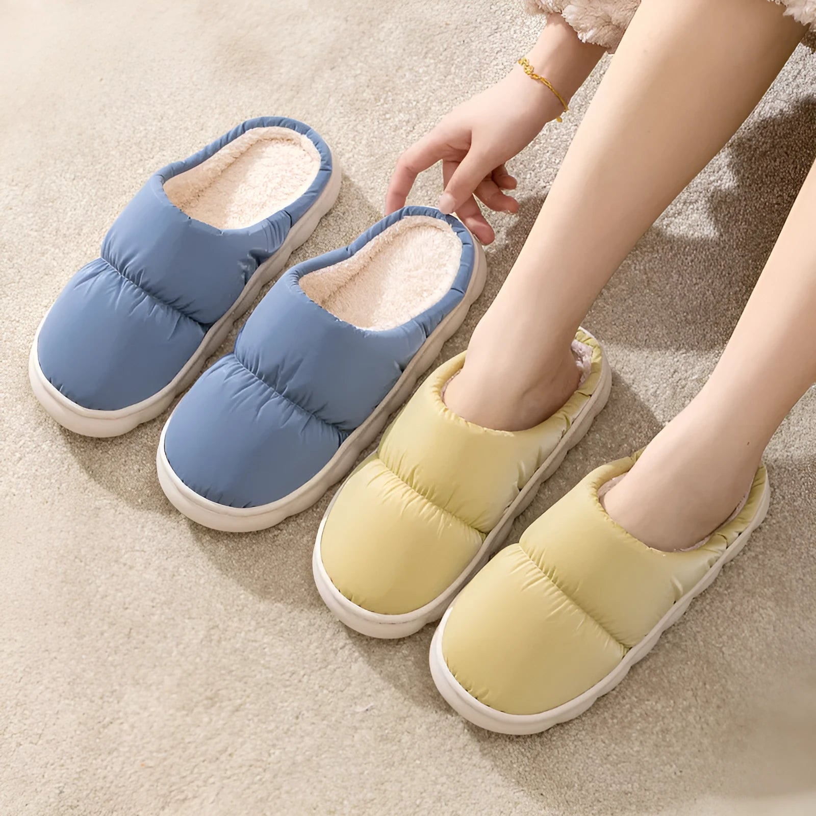 Blue down cotton slippers with artificial leather upper and thick rubber sole for indoor use