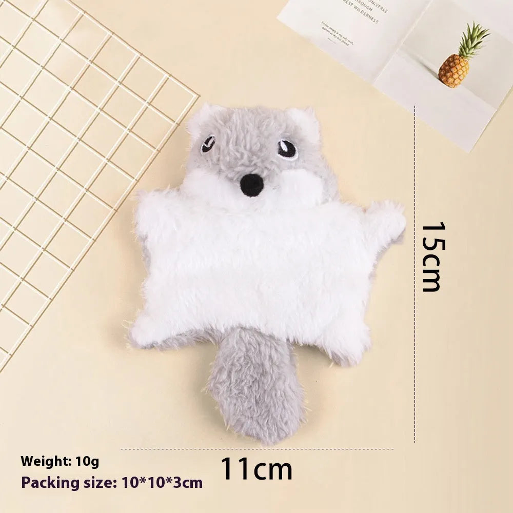 Plush flying squirrel cat teaser toy with ringing paper sound in brown and grey colours
