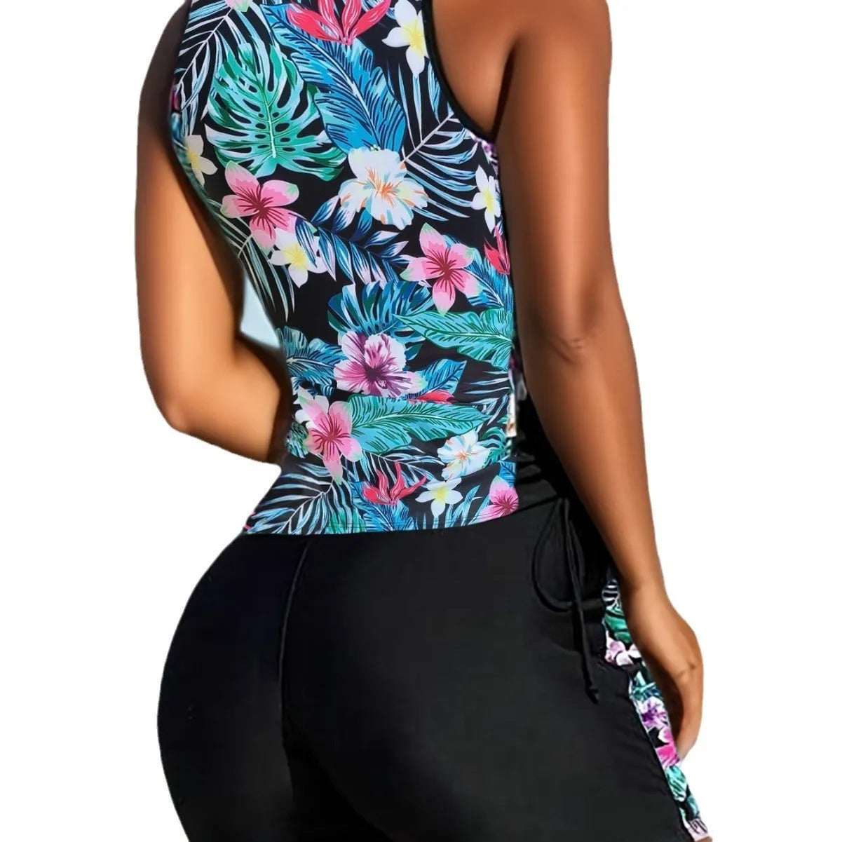 Plus size women's floral print swimsuit bikini with high waist design in navy blue colour