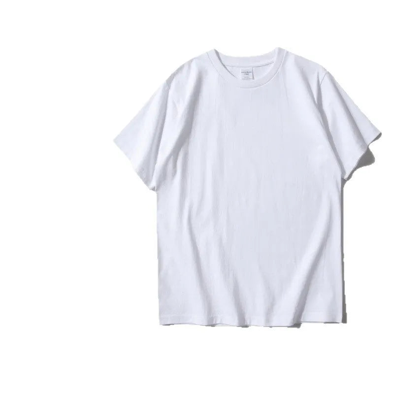 Men's heavyweight loose fit cotton t-shirt in solid colours showing short sleeves and pullover style.