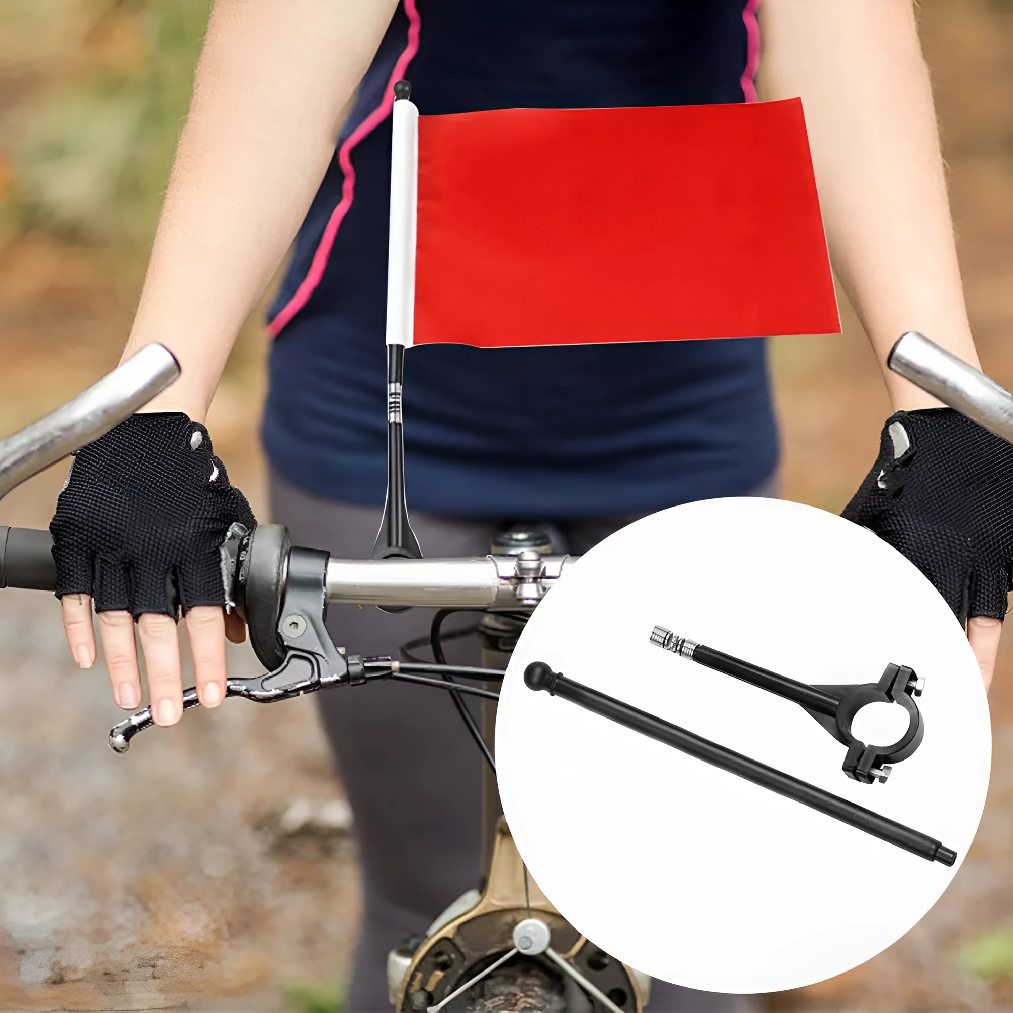 A square polyester flag on a plastic pole designed for bicycle handlebar mounting.