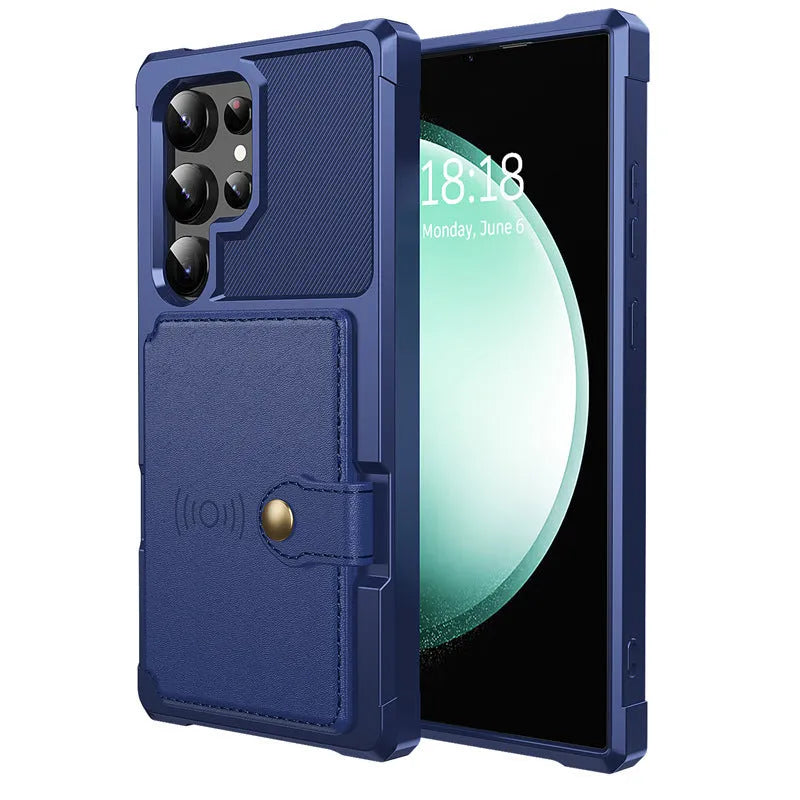 Blue TPE phone case with card holder for Samsung S23 Ultra showing card slot on back