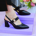 Women's apricot coloured closed toe sandals with backless straps and a chunky pigskin leather heel.