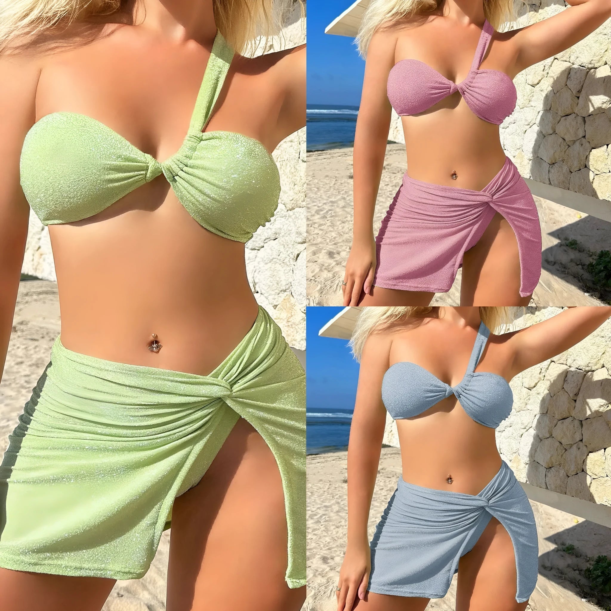 Women's light green one-shoulder glossy swimsuit top with matching bottoms and skirt