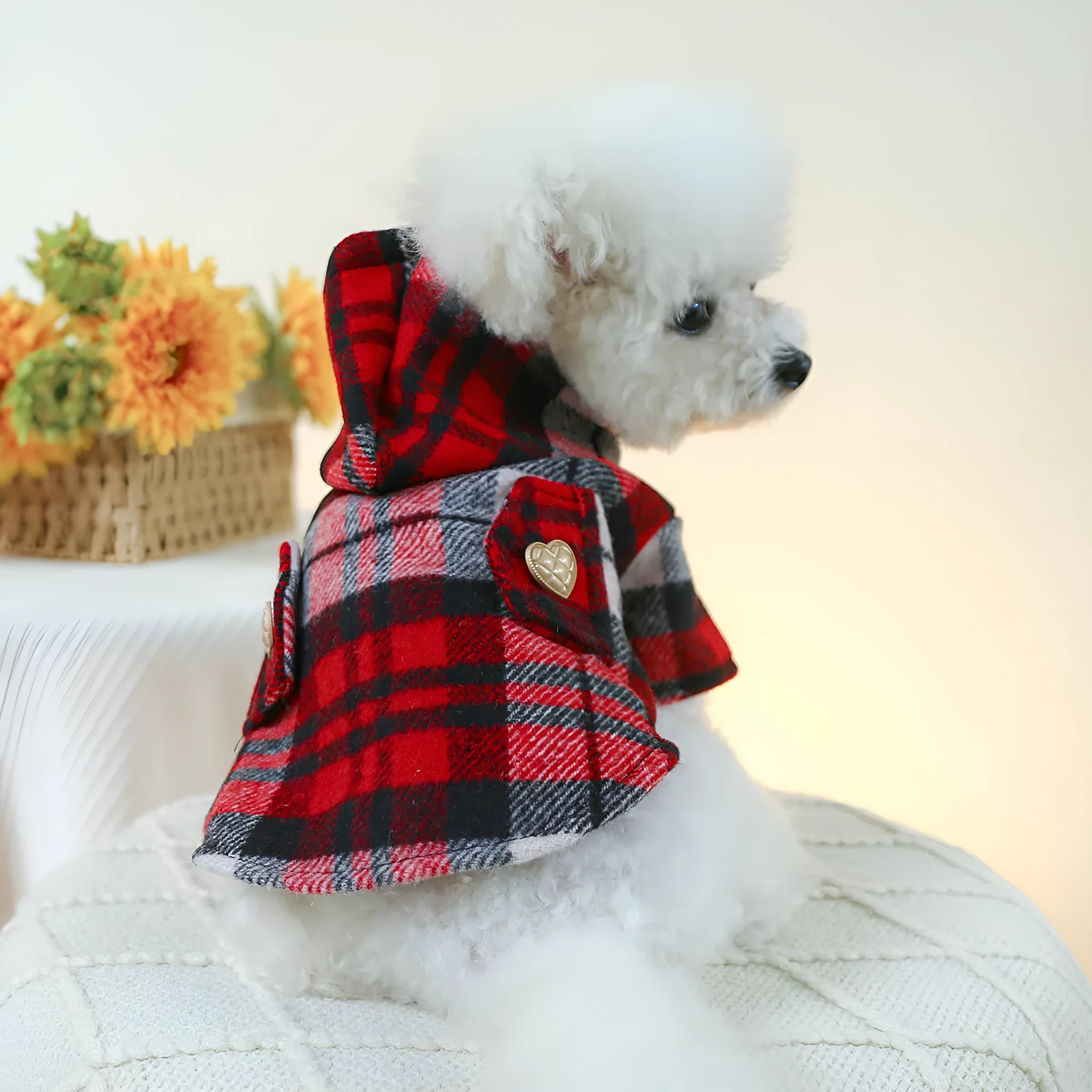 Red plaid dog trench coat shown alongside black houndstooth version, with size chart showing chest circumference measurements