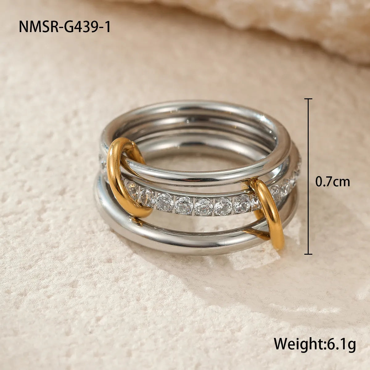 Stackable stainless steel ring with 18K gold plating in three colour options for women