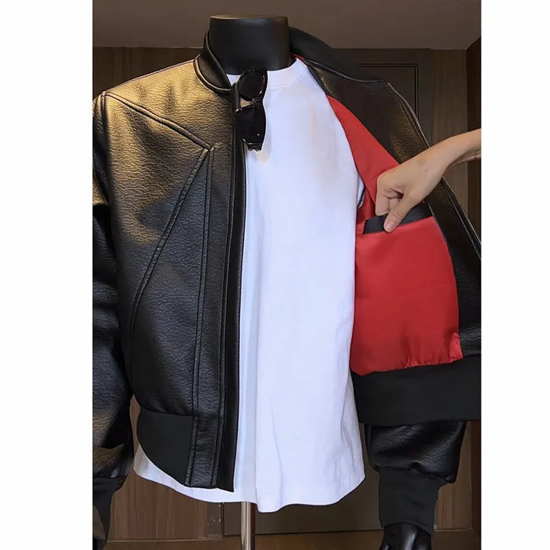 Men's extended length black PU leather jacket with litchi grain texture and light business style