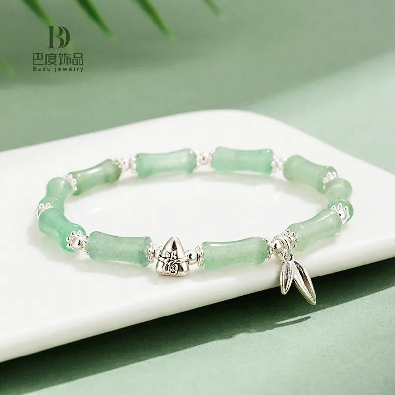 Green aventurine bamboo strawberry crystal bracelet with six stone types and electroplating finish