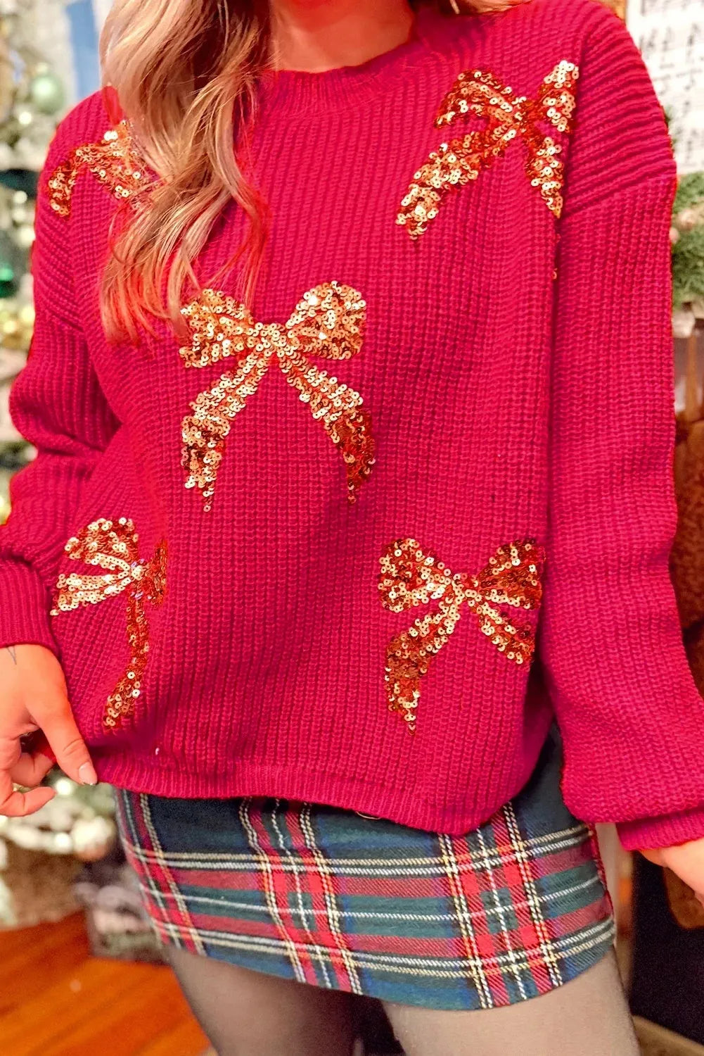 Women's round neck long sleeve sweater with Christmas sequins and embroidery in Fiery Red