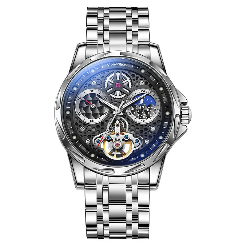 Men's black or white automatic watch with luminous hands on a steel or leather strap.