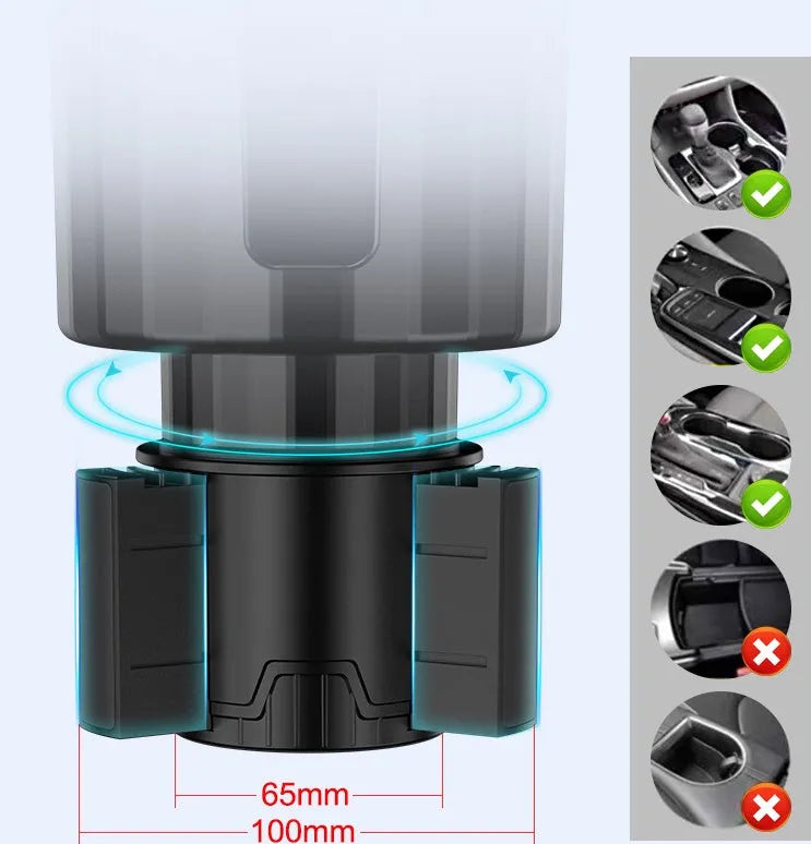 Matte black adjustable car cup holder expander for large bottles and cups on a car centre console
