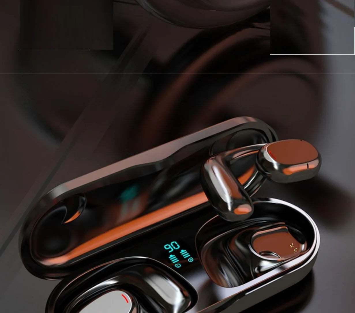 Black and white wireless Bluetooth stereo earphones with a charging case on a table