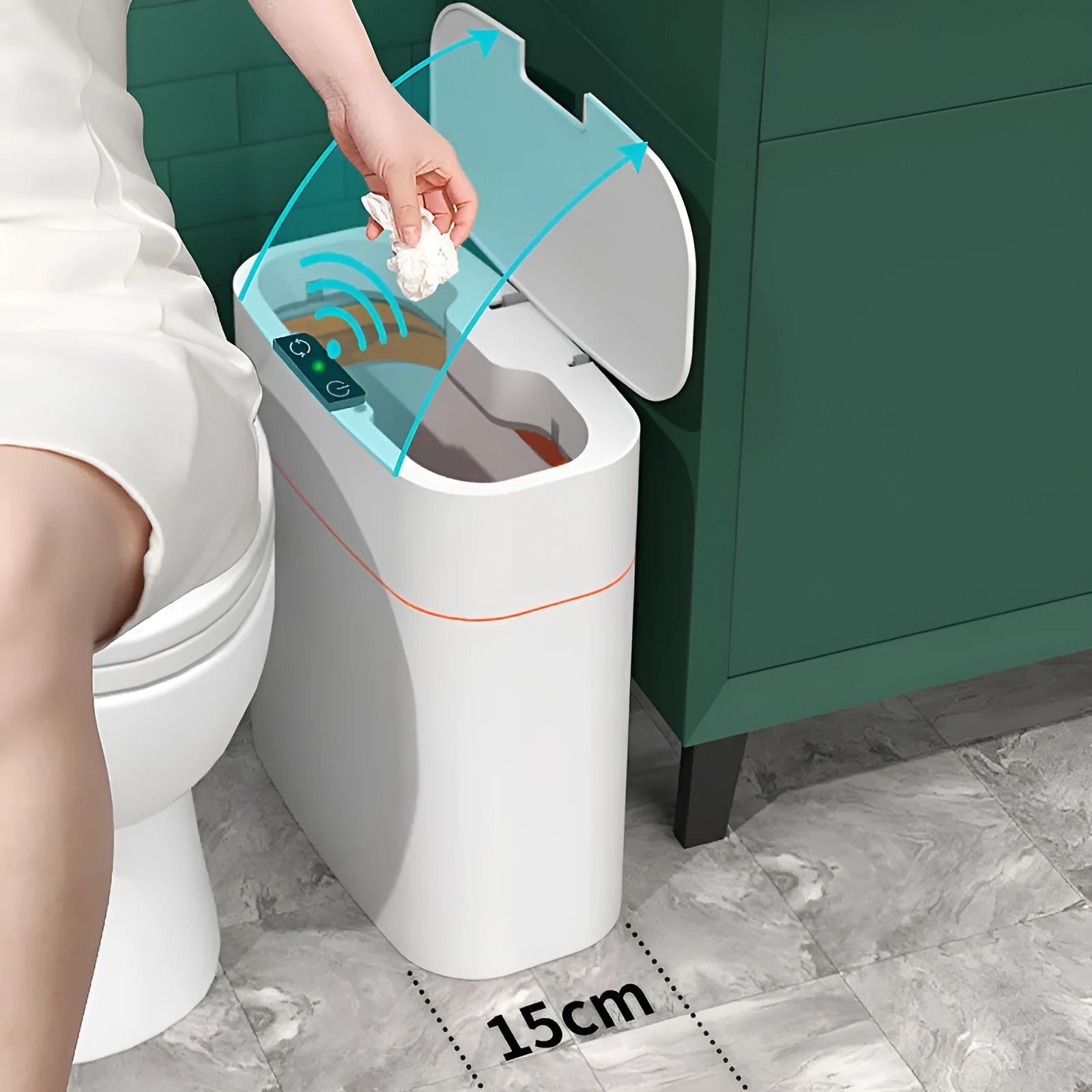 White induction smart trash can with automatic lid on a kitchen floor.