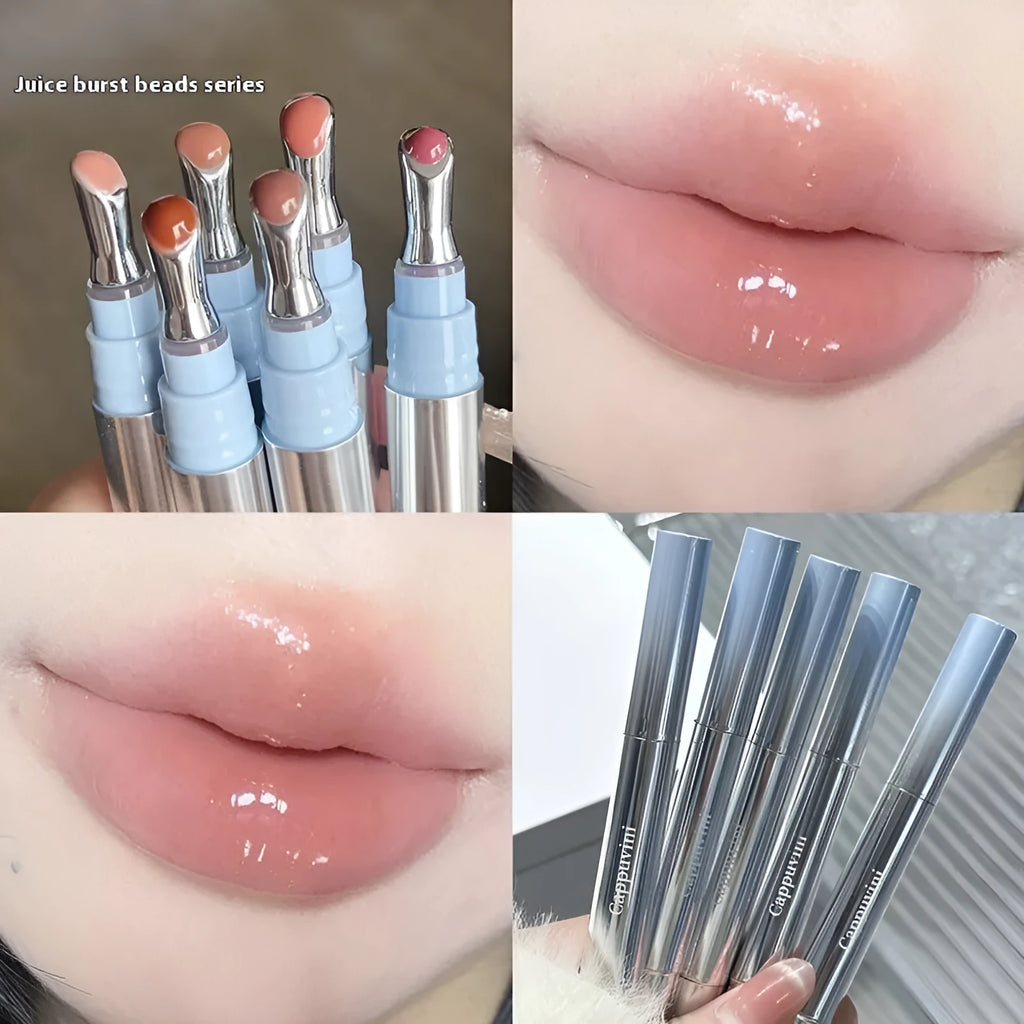 Mirror Water Light lip gloss bullet in six ice shades including almond, silver, pear, raspberry, peach gum, and pomegranate.