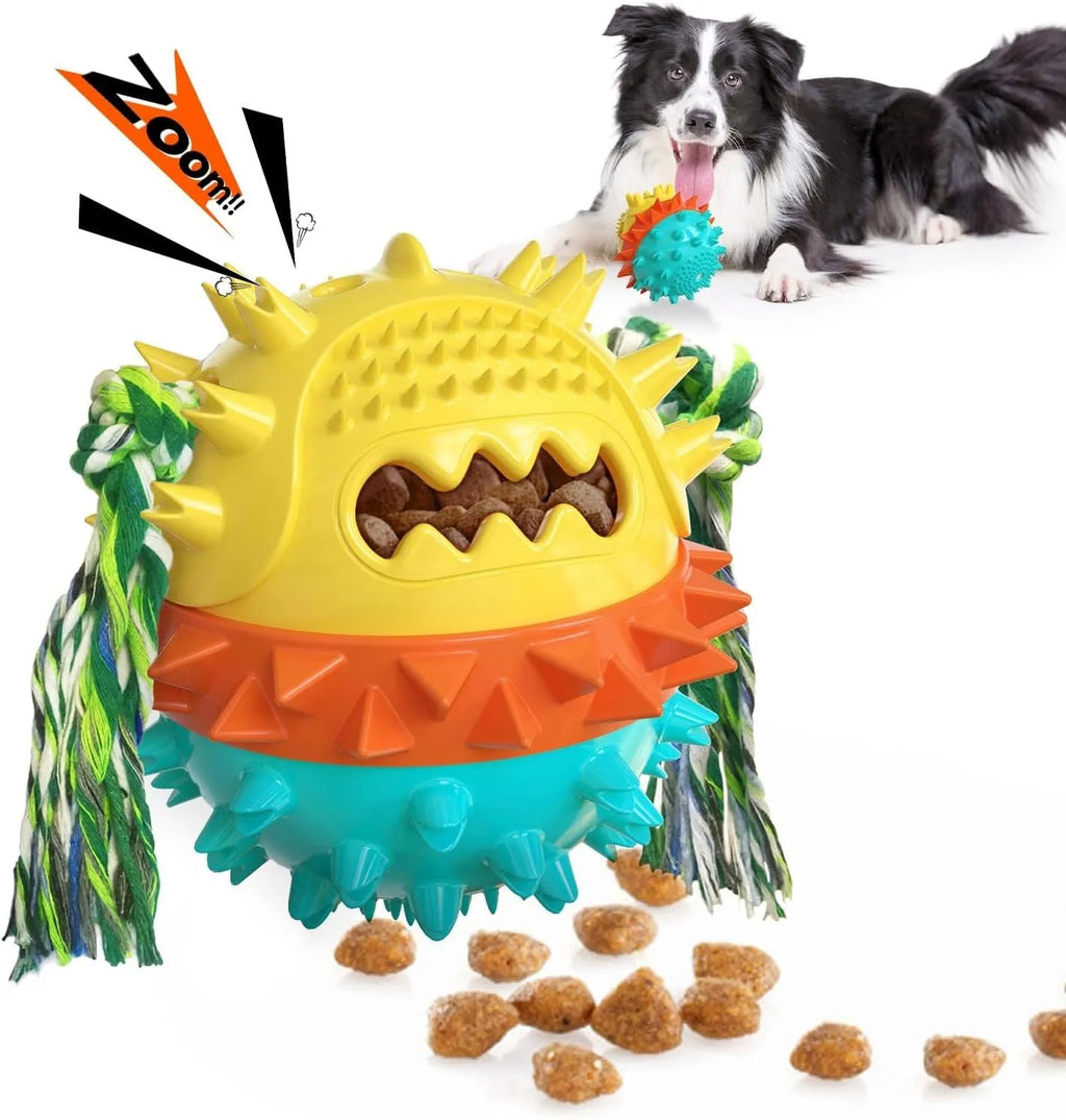 Blue and red TPR rubber dog ball with rope and treat hole for aggressive chewers