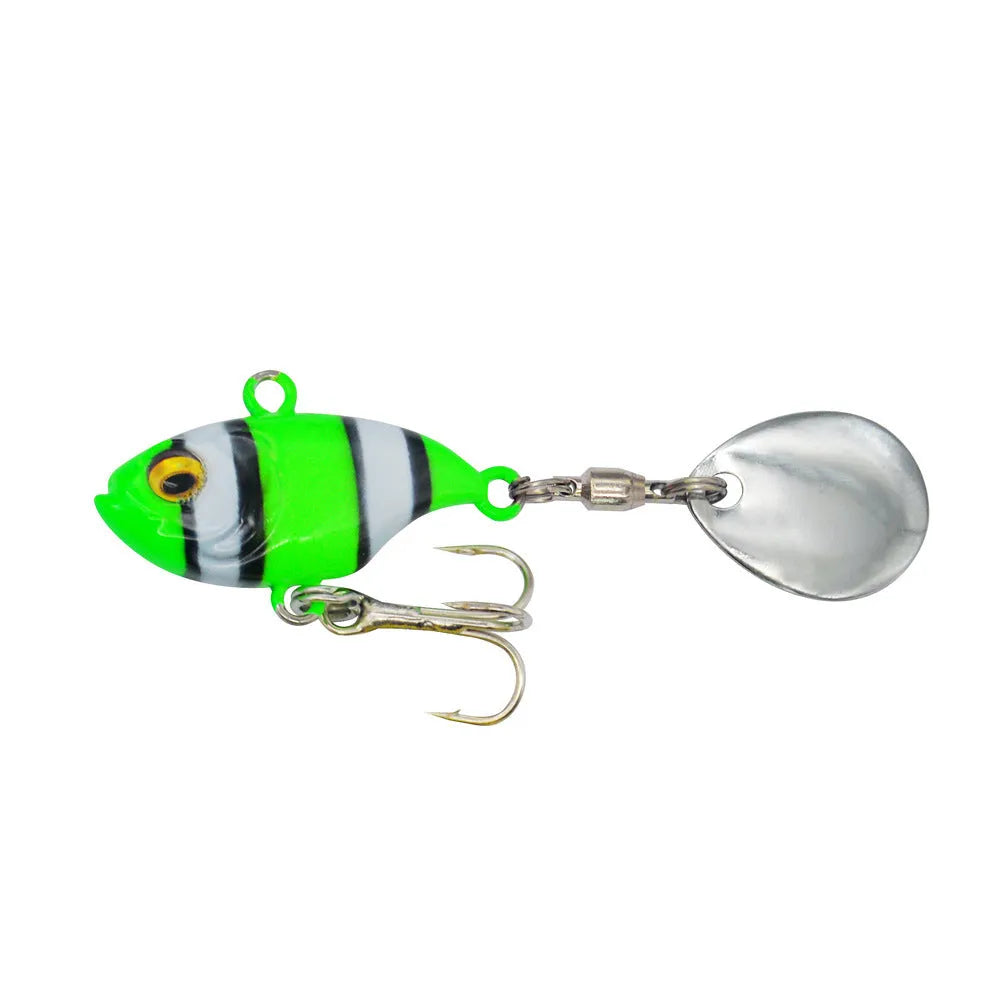 Metal fishing lure with rotating sequins in zebra stripe, gold, and lightning colour patterns.