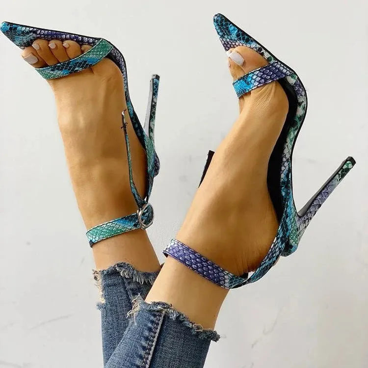 Blue high heels with buckle closure and hollow-out detailing on artificial PU upper, sizes 34-43.