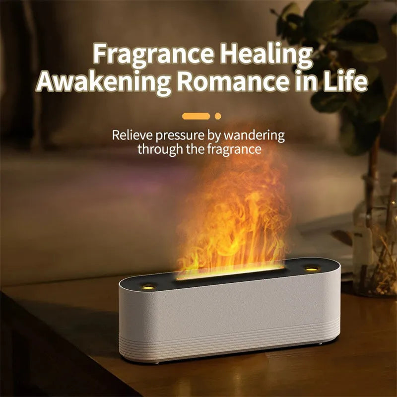 Black ultrasonic aromatherapy diffuser with LED flame lights emitting cool mist vapour