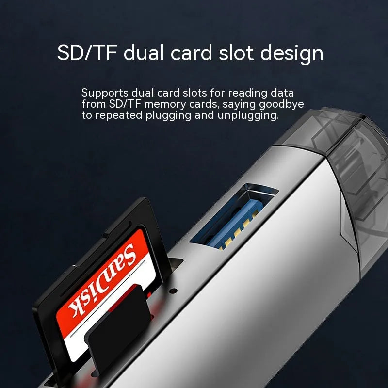 Aluminium alloy multi-functional card reader with SD and TF slots, USB Type-C and Micro interfaces, grey or silver