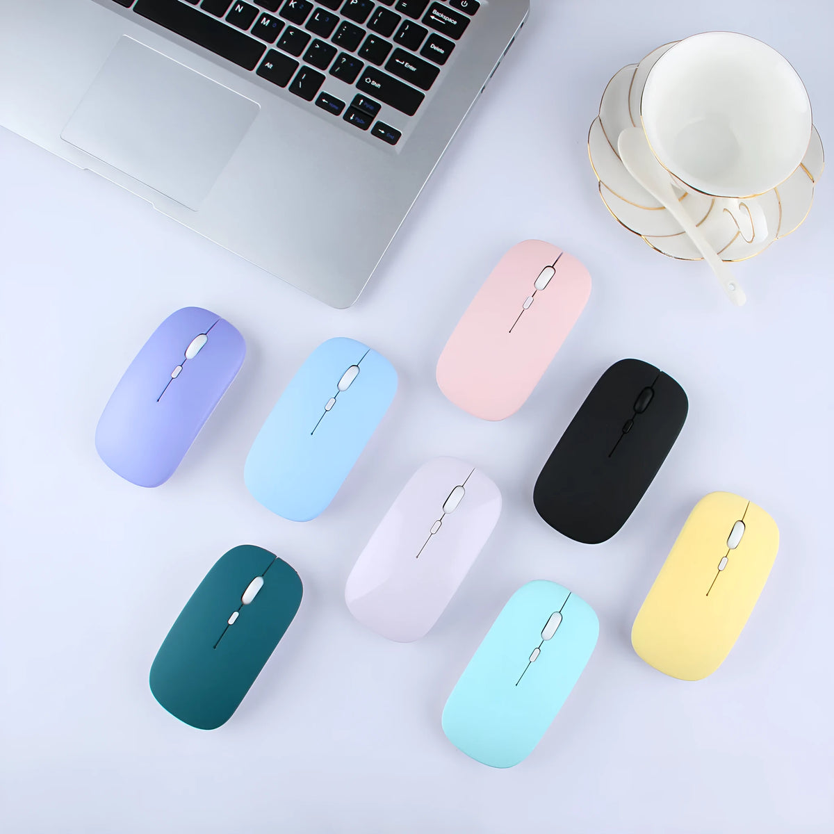 Candy wireless Bluetooth mouse with DPI switch and mute button, 14cm x 7cm x 6.5cm, in black.