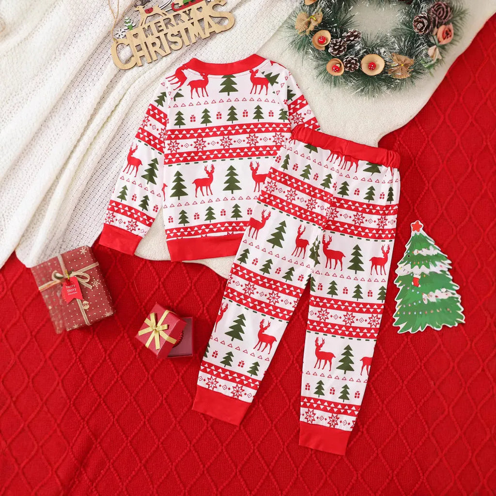 Red boys Christmas print suit two-piece polyester set with animal print top and trousers on white background