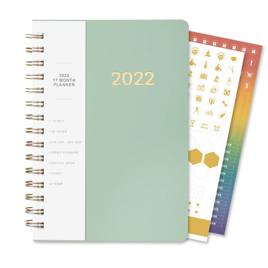 Blue A6 student weekly planner notebook with coil binding, open to show pages and pockets.