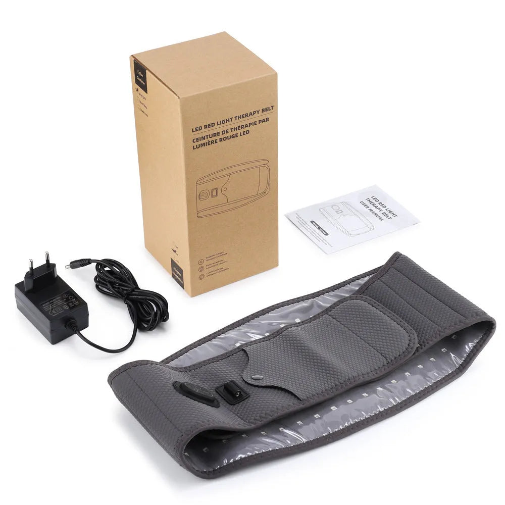 Grey neoprene electric waist therapy belt with red light beads and multiple plug types
