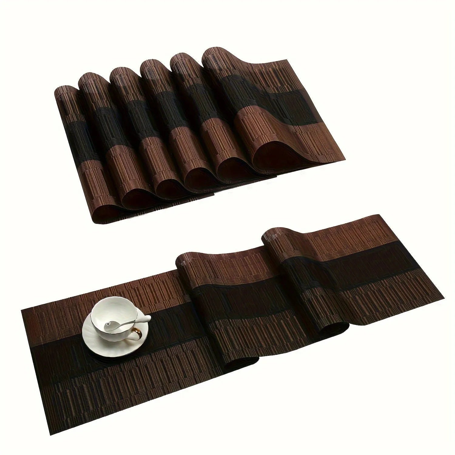 PVC non-slip kitchen placemat in gradient bamboo black colour, shown in 30x180cm size on a counter.