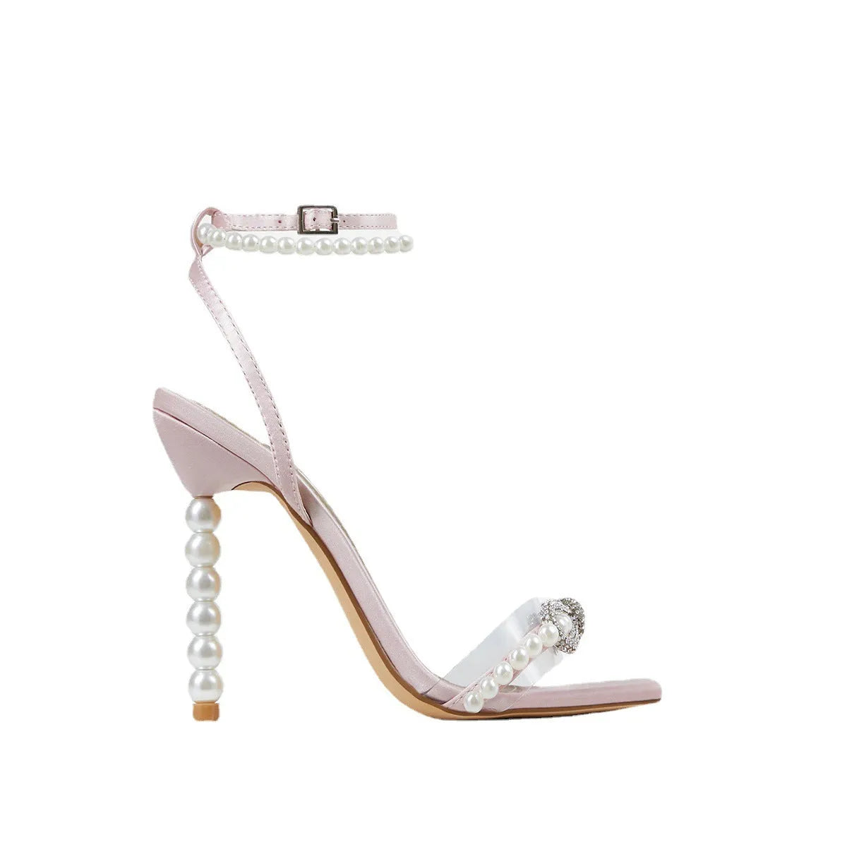 Square toe stiletto heel shoes with rhinestone bow and pearl strap in pink, blue, apricot pu, and white pu