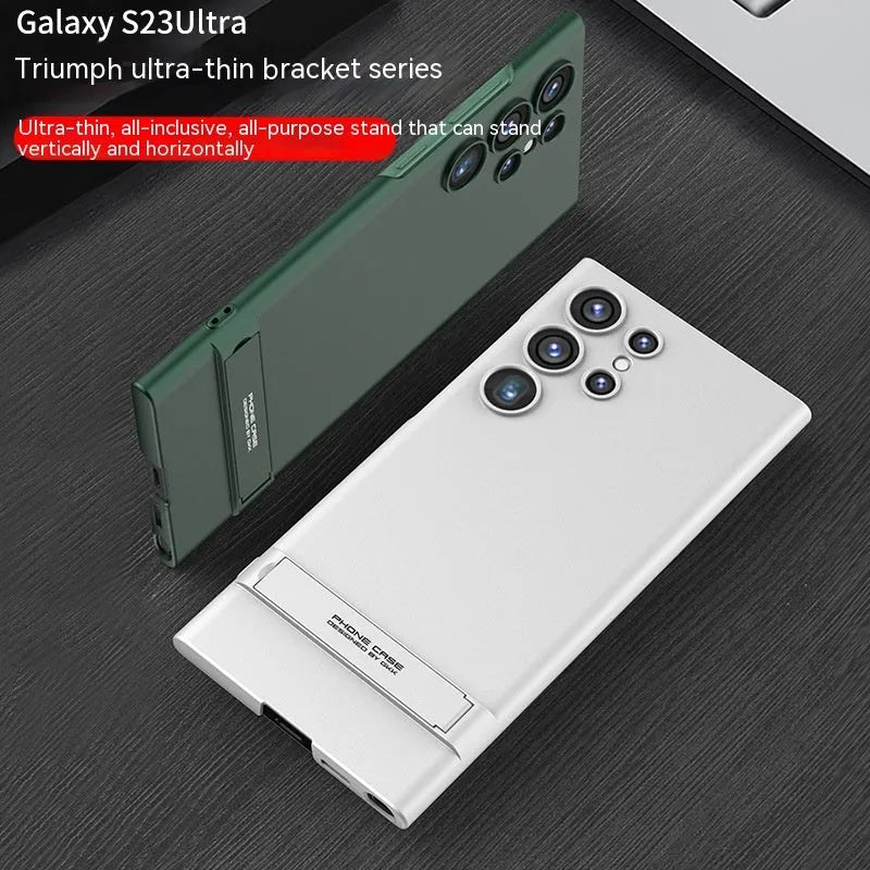 Ultra-thin frosted PC Samsung S23 phone case with built-in bracket in cool black, dark night green, dream purple, and elegant silver