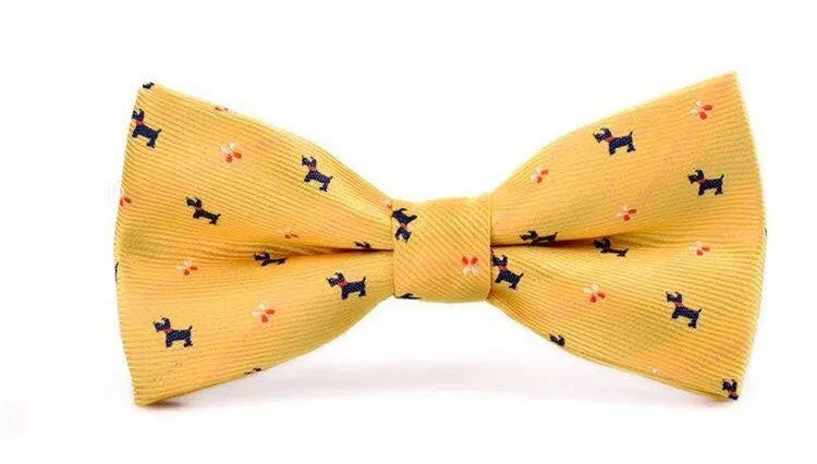 Men's printed polyester flat head bow tie in black stripe, dark blue dot, or light blue stripe for wedding and formal wear