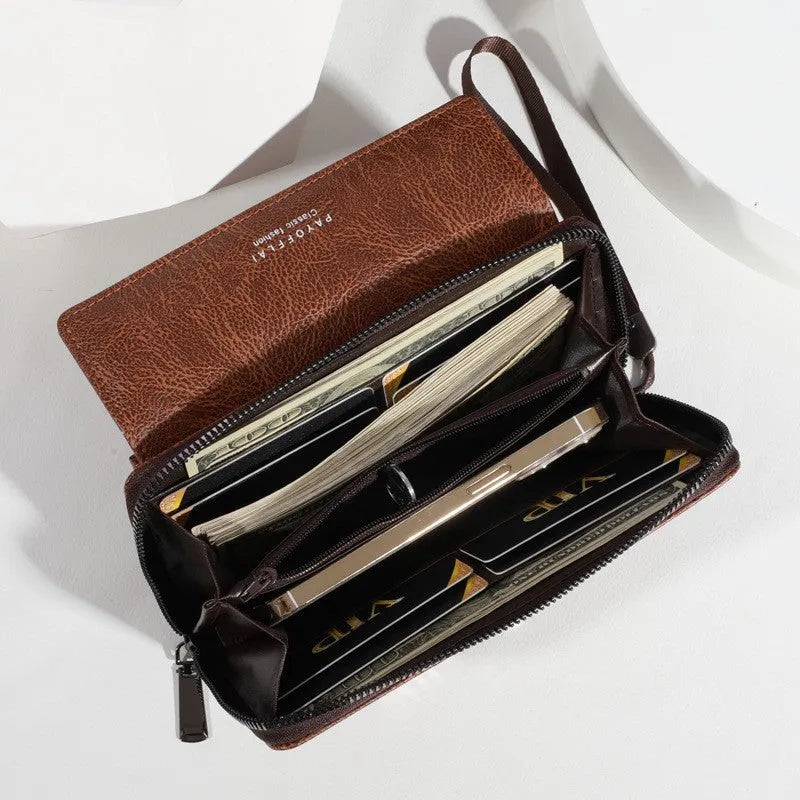 Men's casual long PU leather wallet showing multiple card slots, available in black, brown, and coffee colours