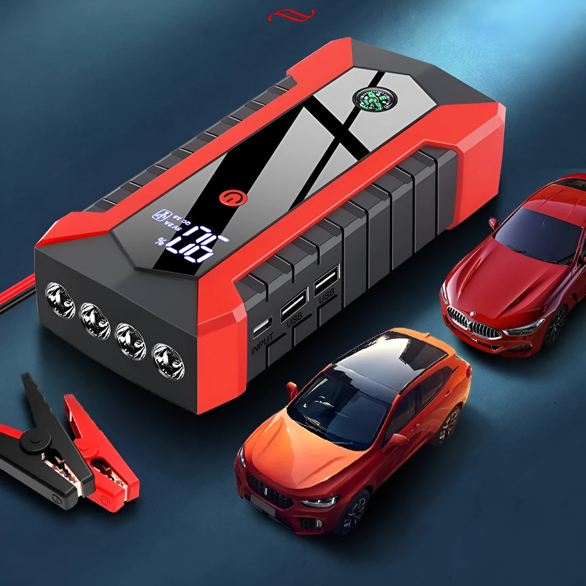 JX29Pro portable car emergency jump starter with 6000mAh battery and 2000A peak current on black background