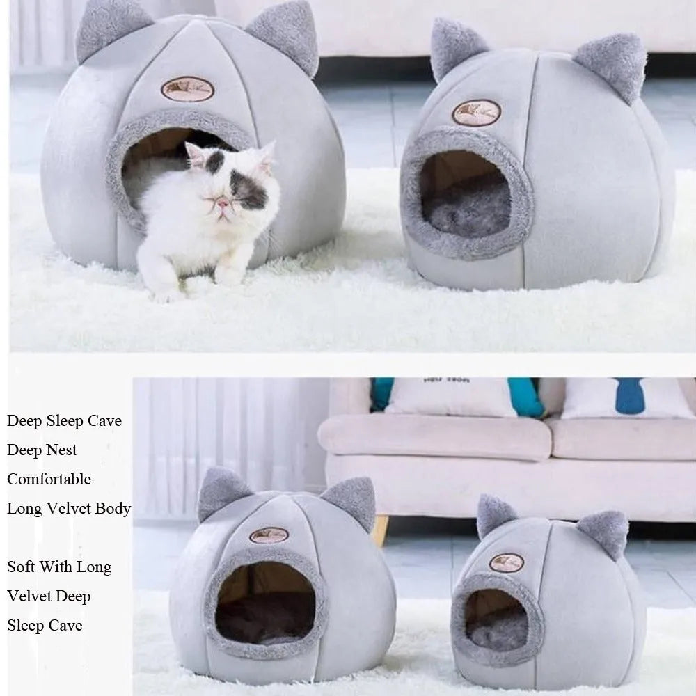 Fully enclosed plush cat winter nest sofa bed with removable cushion, shown in grey