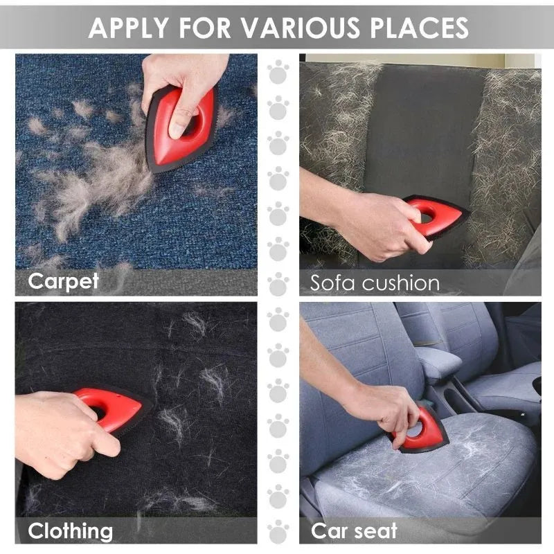 Silicone pet hair removal brush in black, green or red for cleaning sofas and car seats.