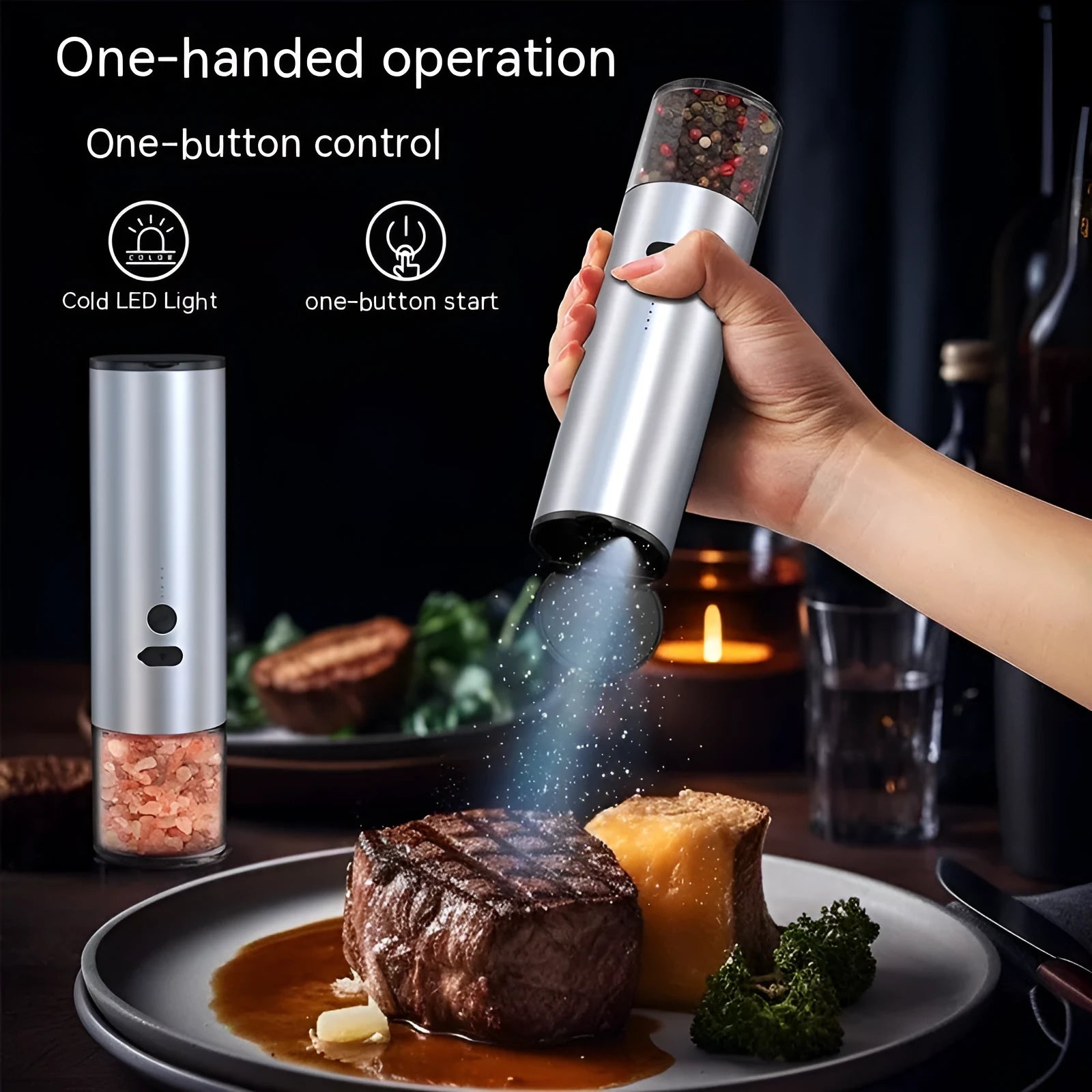 Electric salt and pepper grinder set with clear glass jar and stainless steel top