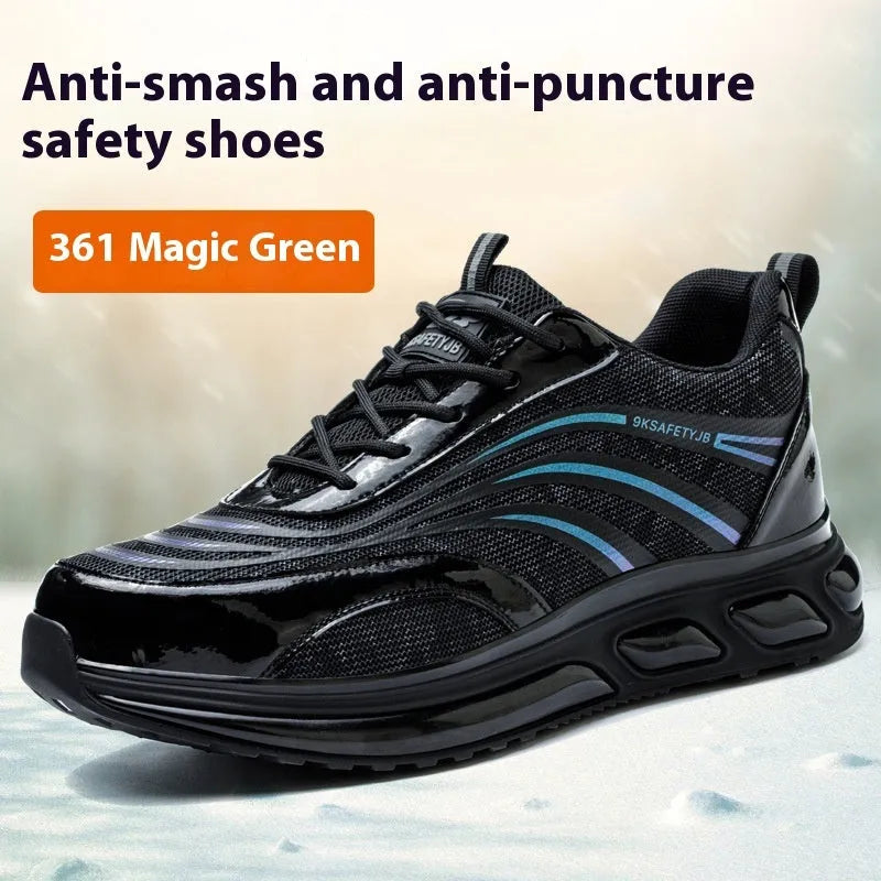 Leather upper anti-smashing safety shoe with rubber sole in orange colour on a work site background.