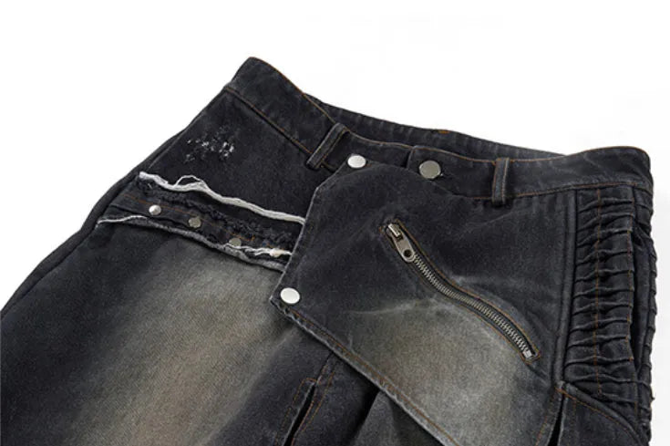 Deconstruction worn jeans for teenagers, cotton denim with zip front, in sizes S M L XL