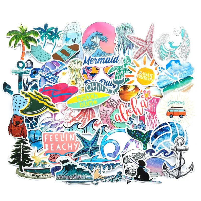Beach Series PVC graffiti sticker with starfish, surfing, and volleyball cartoon doodle design, about 5-8cm