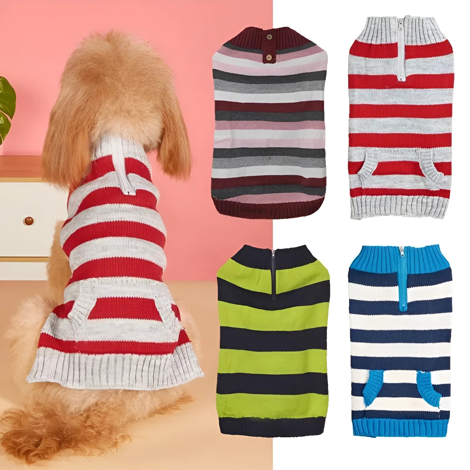Dogs sweater with horizontal zipper and button pocket in contrasting colours