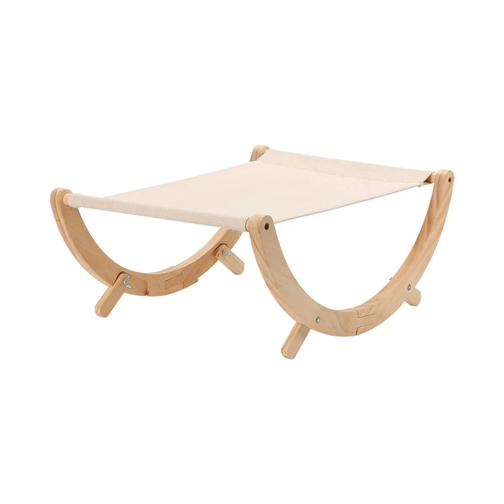 Solid wood foldable cat hammock bed with a neutral canvas and plush cushion.