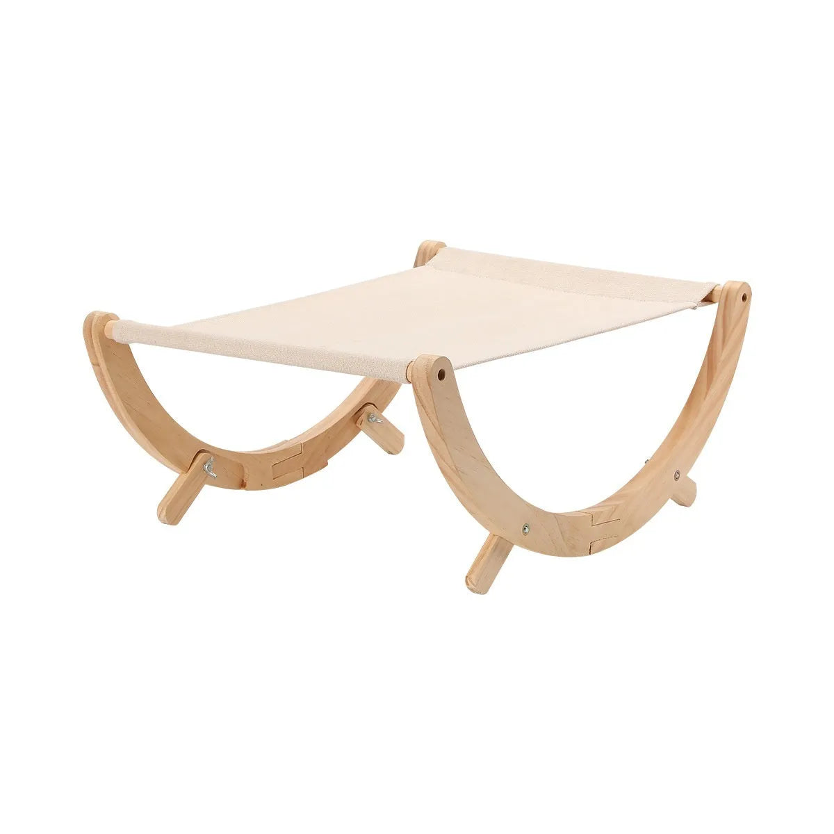 Solid wood foldable cat hammock bed with a neutral canvas and plush cushion.