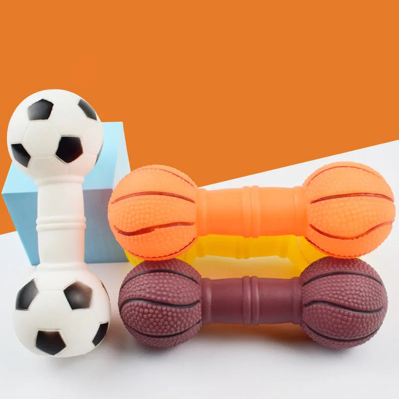 PVC football dumbbell shaped dog chew toy in yellow with squeaker
