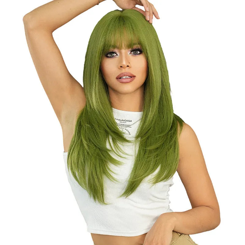 Vanilla green long straight synthetic women's wig measuring 63cm with bangs