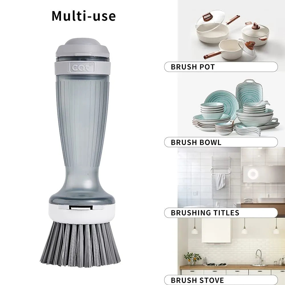 Pot and dish brush with soap dispenser, ergonomic handle, and replaceable brush head in mint green colour