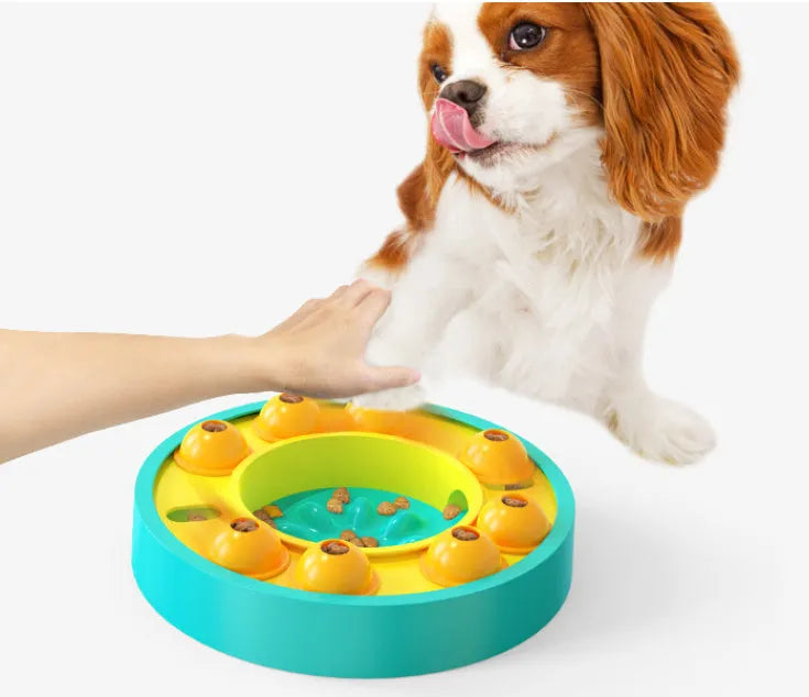 Blue and green interactive dog puzzle feeder bowl with central column and food turntable on a non-slip base