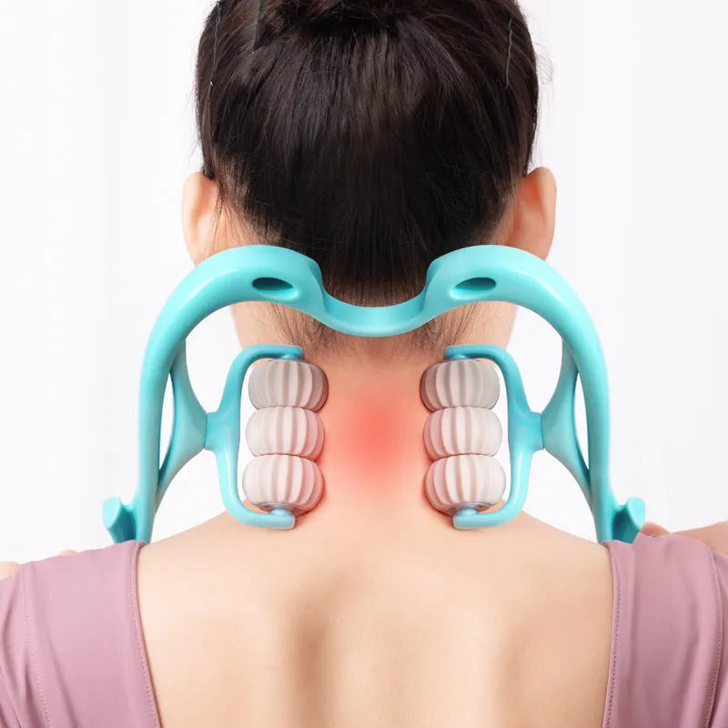 Blue handheld plastic massager with six rotating wheels for neck, shoulder, and waist.