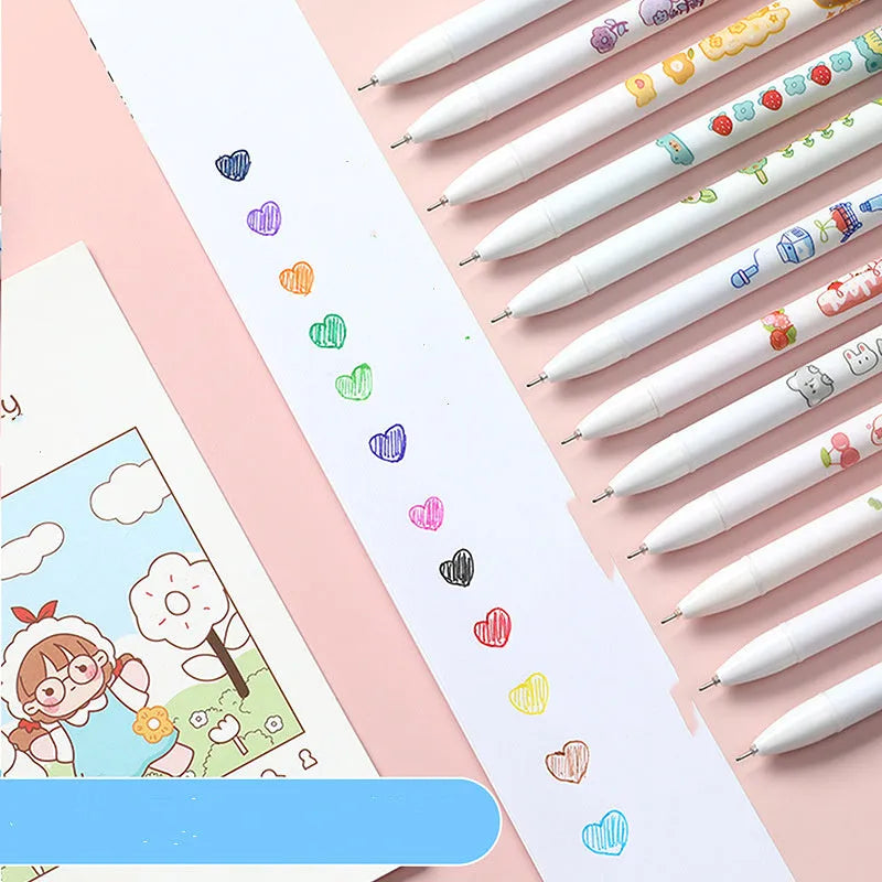 Twelve coloured cartoon-design gel pens with 0.5mm tips arranged in set