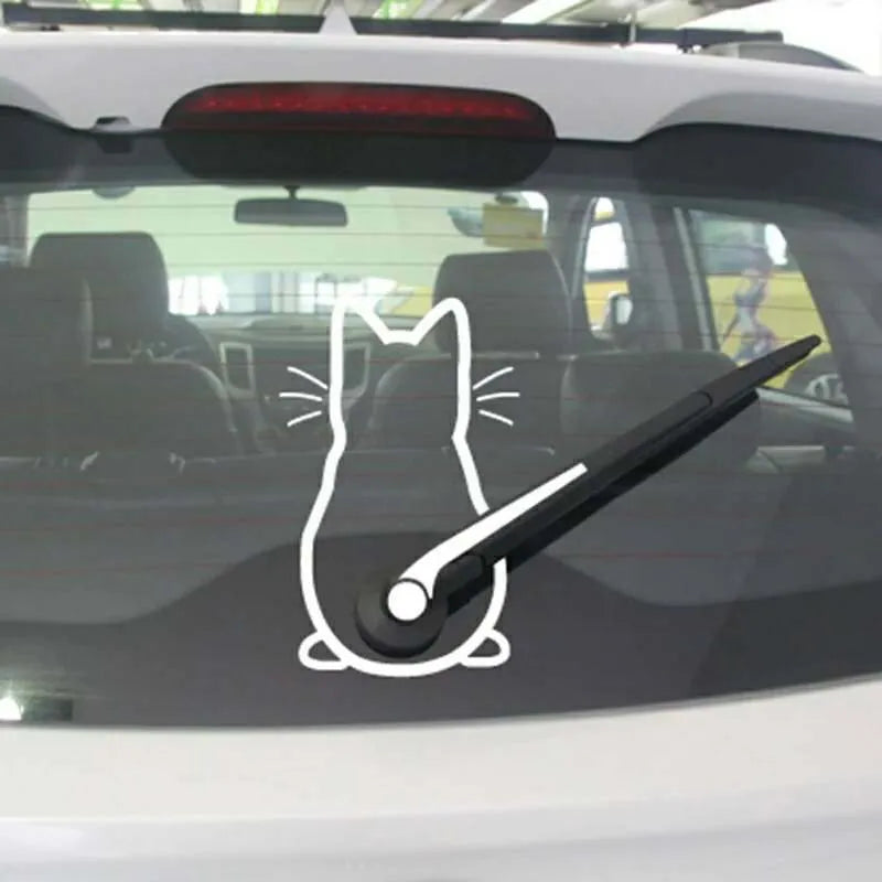 Cartoon cat rear wiper sticker in reflective PET, 35cm x 25cm, available in black, white, red, or yellow