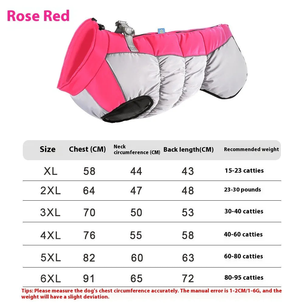 Big dog wearing reflective waterproof winter coat in polar fleece